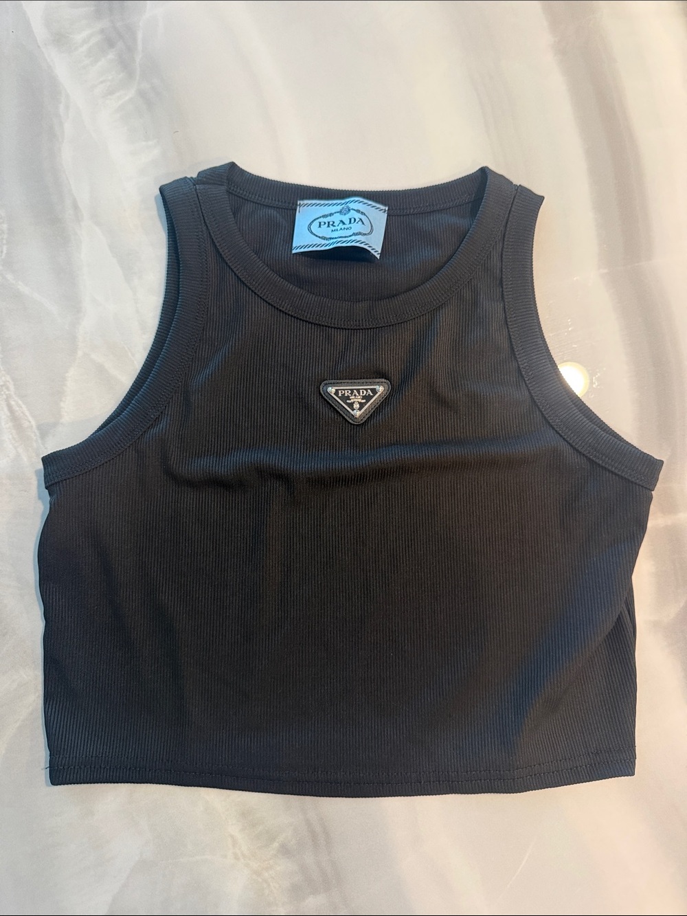 Prada Black Ribbed Cropped Tank with Triangle Logo